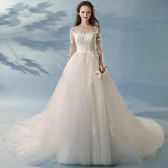 Elegant A Line Princess Ivory Wedding Dresses 2017 1 2 Sleeves Appliques Lace Ruffle Tulle Backless Chapel Train