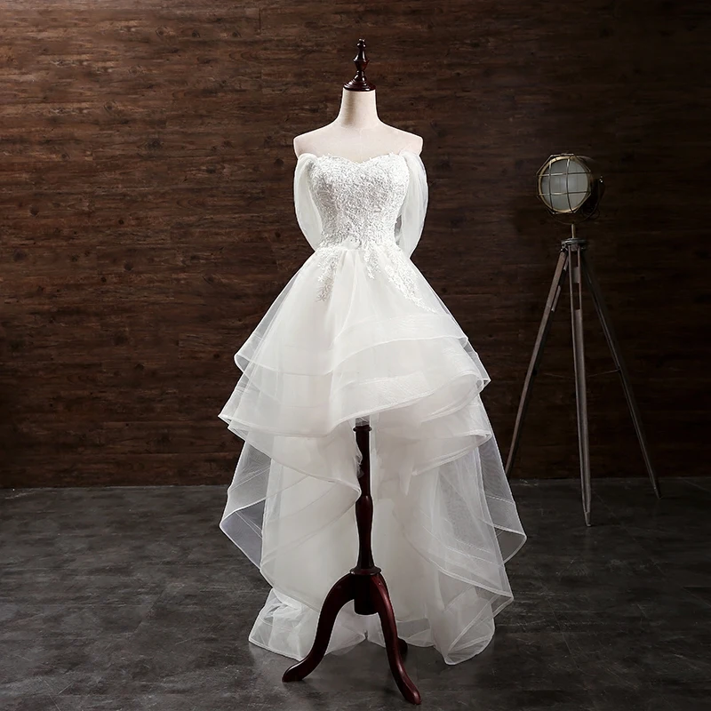 Romantisk Strand Brudekjoler 2017 Kjæreste Uten Ermer Appliques Blonder Buste Ryggløse Elfenben Organza Asymmetrisk