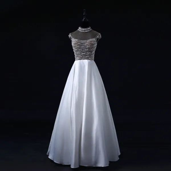 Luxury / Gorgeous Pearl Prom Dresses 2017 High Neck Beading Crystal Backless White Satin Formal Dresses
