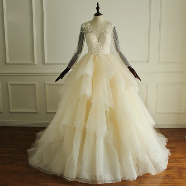 Luxury / Gorgeous Champagne Wedding Dresses 2017 Scoop Neck Long Sleeve Beading Artificial Flowers Backless Cascading Ruffles Tulle Ball Gown Chapel Train