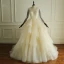 Luxury / Gorgeous Champagne Wedding Dresses 2017 Scoop Neck Long Sleeve Beading Artificial Flowers Backless Cascading Ruffles Tulle Ball Gown Chapel Train