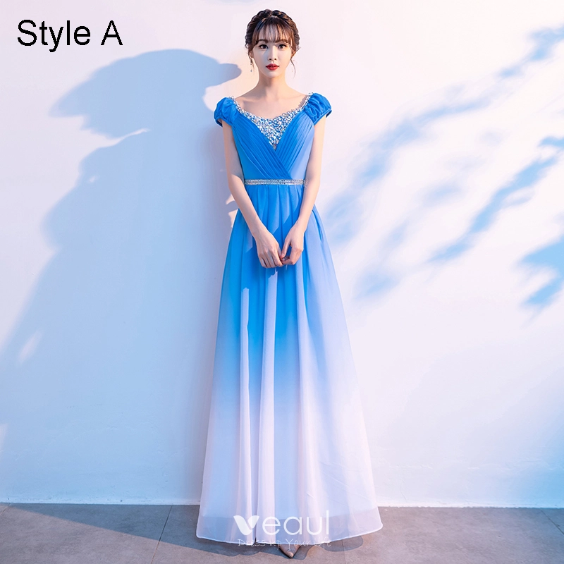Traditional Pool Blue Gradient Color Prom Dresses 2021 A Line Princess V Neck Beading Rhinestone Sequins Short Sleeve Backless Floor Length Long Prom Formal Dresses