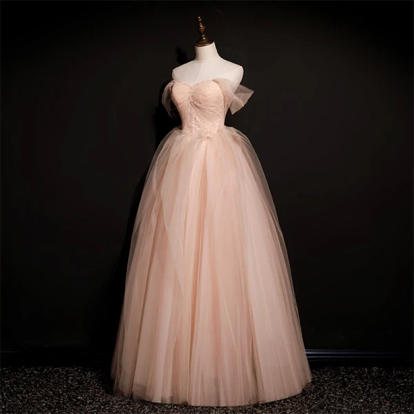 Chic / Beautiful Blushing Pink Prom Dresses 2021 A-Line / Princess Off-The-Shoulder Sleeveless Backless Beading Floor-Length / Long Prom Formal Dresses