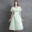 Modest / Simple Sage Green Homecoming Satin Graduation Dresses 2021 A-Line / Princess Square Neckline Bow Short Sleeve Tea-length Formal Dresses