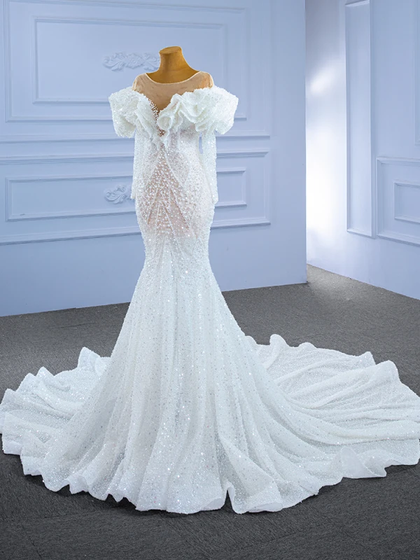 Luxury / Gorgeous Ivory Wedding Dresses 2021 Trumpet / Mermaid Beading Pearl Rhinestone Sequins Scoop Neck Long Sleeve Chapel Train Wedding