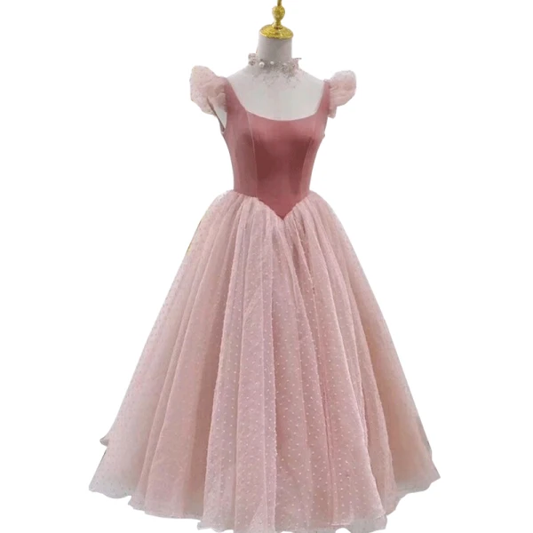 Vintage / Retro Blushing Pink Suede Prom Dresses 2021 A-Line / Princess U-Neck Short Sleeve Tea-length Prom Formal Dresses