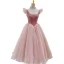 Vintage / Retro Blushing Pink Suede Prom Dresses 2021 A-Line / Princess U-Neck Short Sleeve Tea-length Prom Formal Dresses