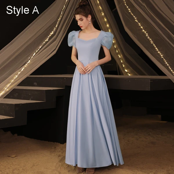 Vintage / Retro Modest / Simple Sky Blue Satin Evening Dresses Prom Dresses 2021 A-Line / Princess Pearl Square Neckline Short Sleeve Backless Floor-Length / Long Formal Dresses