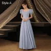 Vintage / Retro Modest / Simple Sky Blue Satin Evening Dresses  Prom Dresses 2021 A-Line / Princess Pearl Square Neckline Short Sleeve Backless Floor-Length / Long Formal Dresses