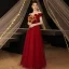 Chic / Beautiful Burgundy Prom Dresses 2021 A-Line / Princess Off-The-Shoulder Beading Rhinestone Sequins Short Sleeve Backless Floor-Length / Long Formal Dresses