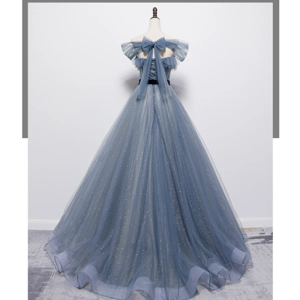 Fashion Sky Blue Glitter Prom Dresses 2021 A-Line / Princess Off-The-Shoulder Short Sleeve Backless Bow Floor-Length / Long Prom Formal Dresses