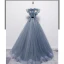 Fashion Sky Blue Glitter Prom Dresses 2021 A-Line / Princess Off-The-Shoulder Short Sleeve Backless Bow Floor-Length / Long Prom Formal Dresses