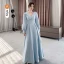 Modest / Simple Sky Blue Satin Bridesmaid Dresses 2021 A-Line / Princess Off-The-Shoulder Short Sleeve Backless Floor-Length / Long Bridesmaid Wedding Party Dresses