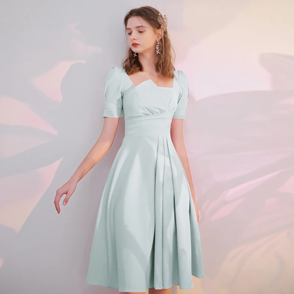 Modest / Simple Blushing Pink Homecoming Graduation Dresses 2021 A-Line / Princess Square Neckline Short Sleeve Tea-length Formal Dresses