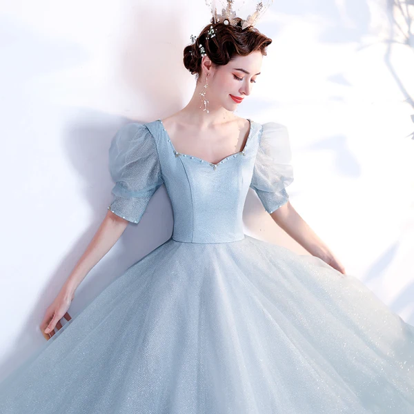 Vintage / Retro Sky Blue Prom Dresses 2021 A-Line / Princess Square Neckline Beading Pearl Sequins 1/2 Sleeves Backless Floor-Length / Long Prom Formal Dresses