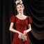 Sparkly Vintage / Retro Burgundy Prom Dresses 2021 A-Line / Princess Beading Sequins Sash Bow Scoop Neck Short Sleeve Backless Floor-Length / Long Prom Formal Dresses