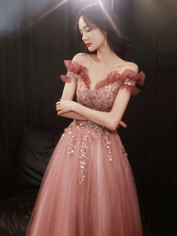 Charmant Rose Sombre Robe De Bal 2021 Princesse De l'épaule Perlage Paillettes Manches Courtes Appliques Dos Nu Longue Promo Robe De Ceremonie