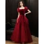 Élégant Bordeaux Daim Robe De Bal 2021 Princesse Encolure Carrée Manches Courtes Dos Nu Noeud Ceinture Longue Promo Robe De Ceremonie