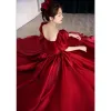 Vintage / Retro Modest / Simple Burgundy Prom Dresses 2021 A-Line / Princess Square Neckline Short Sleeve Backless Floor-Length / Long Prom Formal Dresses