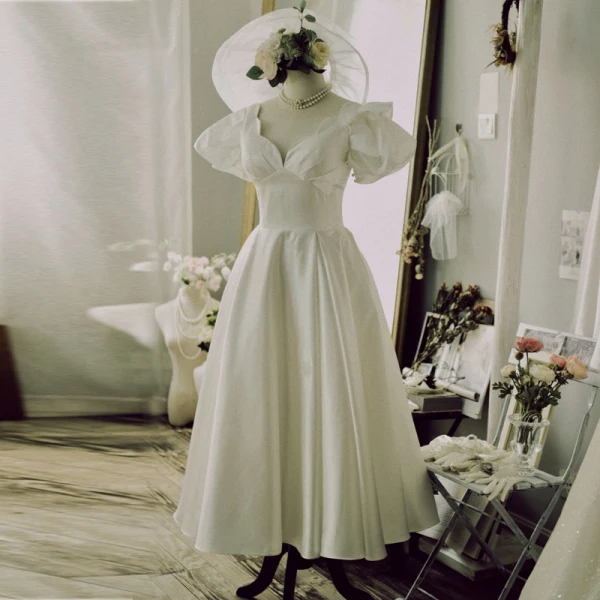 Vintage / Retro Sage Green Prom Dresses A-Line / Princess 2021 Scoop Neck Puffy Short Sleeve Backless Bow Tea-length Prom Formal Dresses