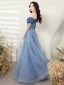 Charming Ocean Blue Evening Dresses  Prom Dresses 2021 A-Line / Princess Off-The-Shoulder Beading Short Sleeve Backless Prom Floor-Length / Long Formal Dresses