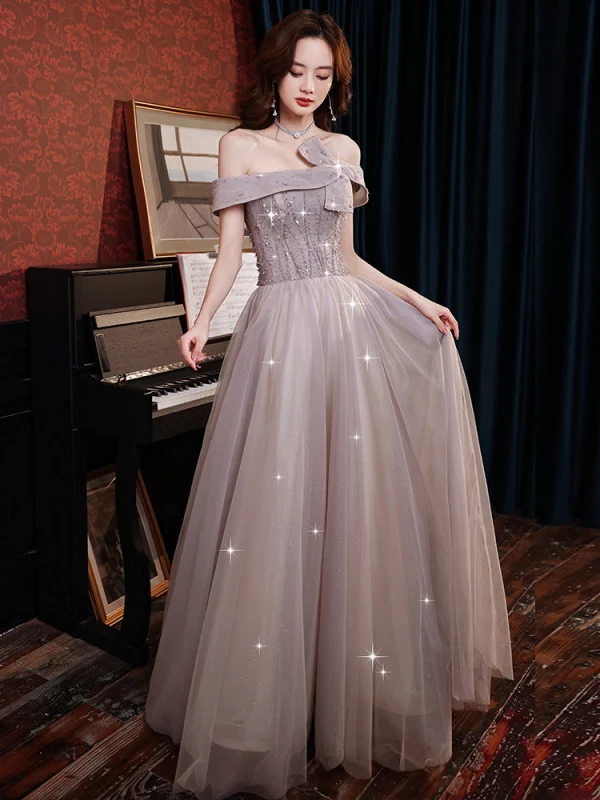 Charmant Lavendel Violett Abendkleider 2021 A Linie Schleife Off Shoulder Perlenstickerei Strass Pailletten Kurze Ärmel Rückenfreies Lange Abend Festliche Kleider