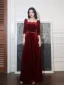 Charming Burgundy Suede Evening Dresses  2021 A-Line / Princess Square Neckline Rhinestone 1/2 Sleeves Backless Bow Floor-Length / Long Evening Party Formal Dresses