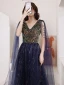 Scintillantes Bleu Marine Robe De Soirée 2021 Princesse V-Cou Perlage Cristal Paillettes Gland Sans Manches Dos Nu Longue Soirée Robe De Ceremonie