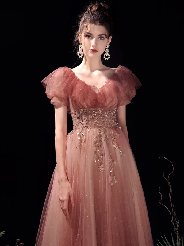 Charming Watermelon Glitter Prom Dresses 2021 A-Line / Princess V-Neck Beading Rhinestone Sequins Short Sleeve Floor-Length / Long Prom Formal Dresses