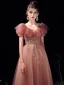 Charming Watermelon Glitter Prom Dresses 2021 A-Line / Princess V-Neck Beading Rhinestone Sequins Short Sleeve Floor-Length / Long Prom Formal Dresses