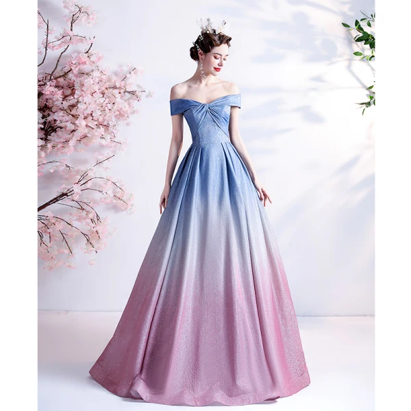Fashion Gradient-Color Sky Blue Glitter Prom Dresses 2021 A-Line / Princess Off-The-Shoulder Short Sleeve Backless Bow Floor-Length / Long Prom Formal Dresses