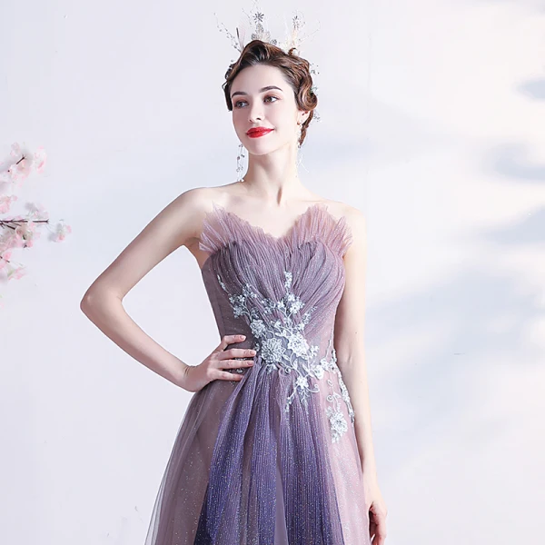 Fashion Lavender Prom Dresses 2021 A-Line / Princess Strapless Beading Pearl Sequins Lace Flower Sleeveless Backless Floor-Length / Long Formal Dresses