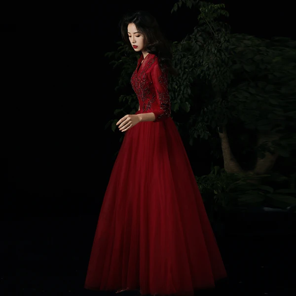 Charming Red Evening Dresses  2021 A-Line / Princess V-Neck Beading Sequins Lace Flower 3/4 Sleeve Floor-Length / Long Evening Party Formal Dresses