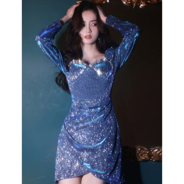 Sexy Meeresblau Strass Pailletten Kurze Abendkleider 2021 A Linie Eckiger Ausschnitt Lange Ärmel Rückenfreies Abend Festliche Kleider