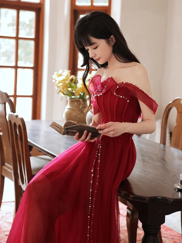 Fashion Burgundy Evening Dresses  Prom Dresses 2021 A-Line / Princess Ruffle Pearl Off-The-Shoulder Sleeveless Backless Floor-Length / Long Prom Formal Dresses