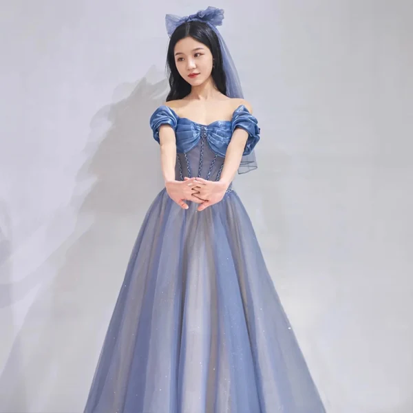 Chic / Beautiful Ocean Blue Prom Dresses 2021 A-Line / Princess Ruffle Off-The-Shoulder Beading Short Sleeve Backless Floor-Length / Long Prom Formal Dresses
