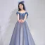 Chic / Beautiful Ocean Blue Prom Dresses 2021 A-Line / Princess Ruffle Off-The-Shoulder Beading Short Sleeve Backless Floor-Length / Long Prom Formal Dresses