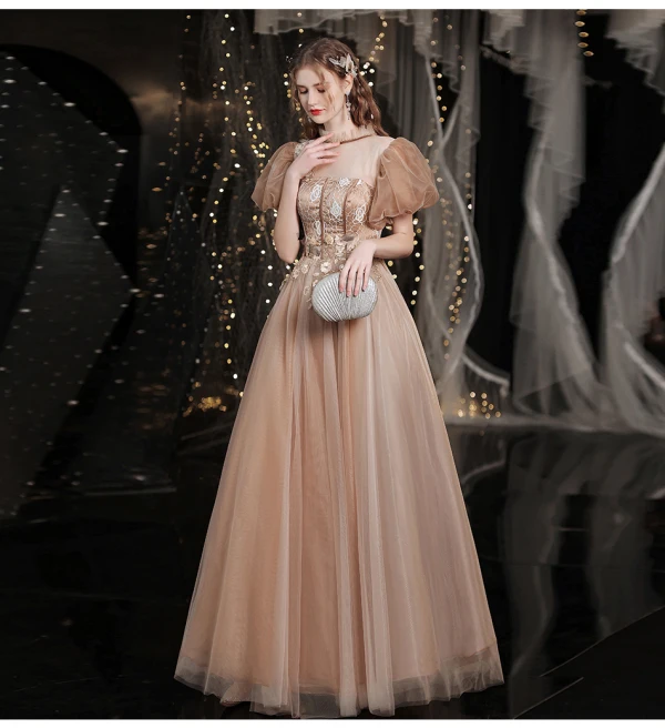 Vintage / Retro Gold Prom Dresses 2021 A-Line / Princess High Neck Beading Appliques Lace Flower Short Sleeve Backless Floor-Length / Long Prom Formal Dresses