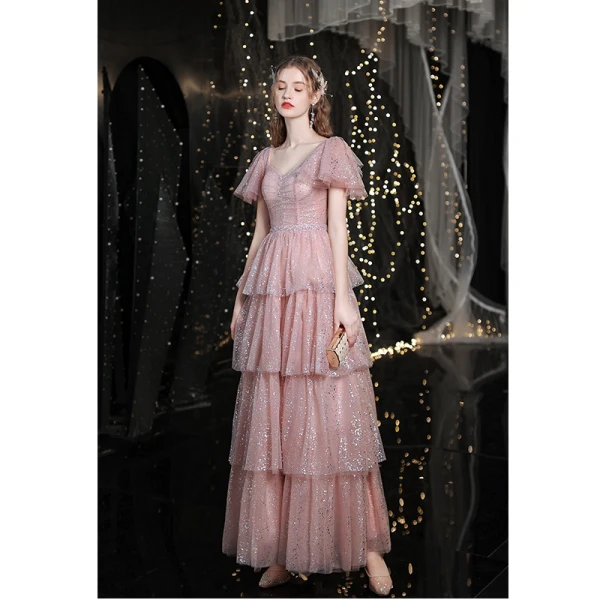 Charmant Rose Sombre Volants Glitter Robe De Bal 2021 Princesse Encolure Carrée Paillettes Manches Courtes Dos Nu Longue Tulle Promo Robe De Ceremonie