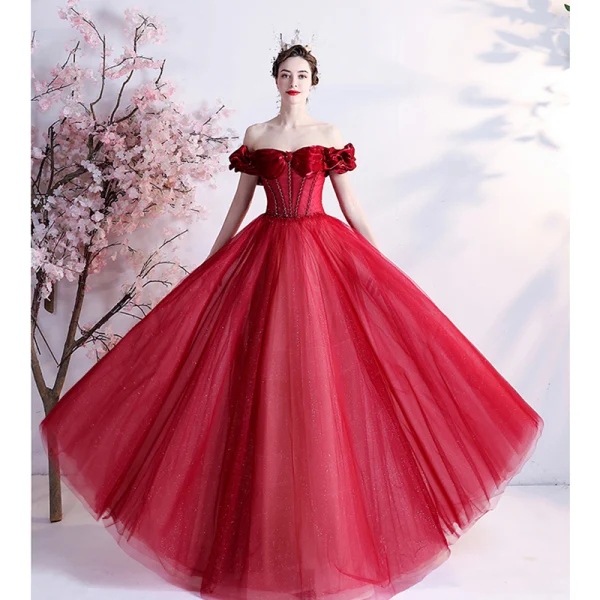 Vintage / Retro Burgundy Prom Dresses 2021 A-Line / Princess Ruffle Off-The-Shoulder Beading Crystal Rhinestone Short Sleeve Backless Floor-Length / Long Prom Formal Dresses