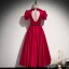 Vintage / Retro Burgundy Prom Dresses 2021 A-Line / Princess Sash V-Neck Satin Short Sleeve Backless Tea-length Prom Formal Dresses