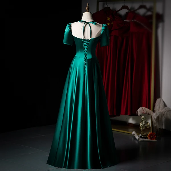 Vintage / Retro Dark Green Satin Prom Dresses 2021 A-Line / Princess Scoop Neck Short Sleeve Backless Bow Floor-Length / Long Prom Formal Dresses