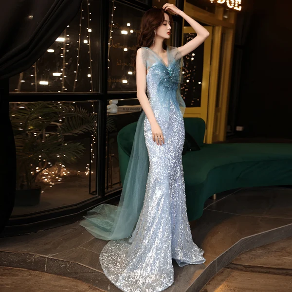 Étourdissant Bleu Ciel Paillettes Robe De Soirée 2021 Trompette / Sirène Bustier Sans Manches Dos Nu Noeud Train De Balayage Soirée Robe De Ceremonie