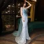 Étourdissant Bleu Ciel Paillettes Robe De Soirée 2021 Trompette / Sirène Bustier Sans Manches Dos Nu Noeud Train De Balayage Soirée Robe De Ceremonie