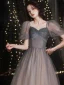 Fashion Glitter Grey Homecoming Graduation Dresses 2021 A-Line / Princess Square Neckline Beading Crystal Short Sleeve Backless Tea-length Formal Dresses