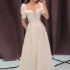 Vintage / Retro Sky Blue Satin Prom Dresses 2021 A-Line / Princess Square Neckline Short Sleeve Backless Beading Bow Floor-Length / Long Prom Formal Dresses