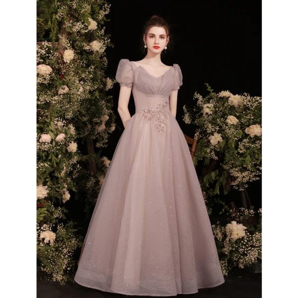 Vintage / Retro Glitter Dusky Pink Evening Dresses  Prom Dresses 2021 A-Line / Princess V-Neck Lace Flower Short Sleeve Backless Floor-Length / Long Formal Dresses