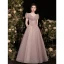 Vintage / Retro Glitter Dusky Pink Evening Dresses  Prom Dresses 2021 A-Line / Princess V-Neck Lace Flower Short Sleeve Backless Floor-Length / Long Formal Dresses