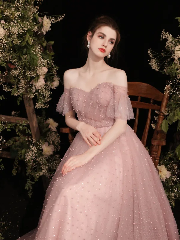Chic / Beautiful Dusky Pink Glitter Pearl Prom Dresses 2021 A-Line / Princess Off-The-Shoulder Short Sleeve Backless Tea-length Prom Formal Dresses