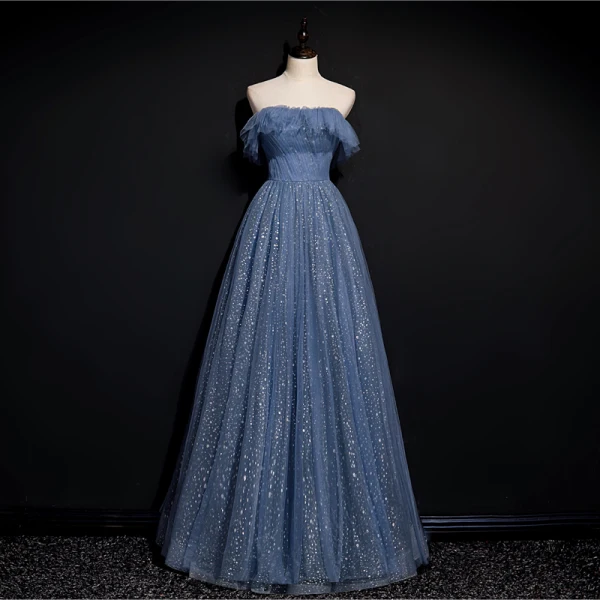 Fashion Ocean Blue Glitter Starry Sky Evening Dresses  Prom Dresses 2021 A-Line / Princess Ruffle Square Neckline Sleeveless Backless Floor-Length / Long Formal Dresses